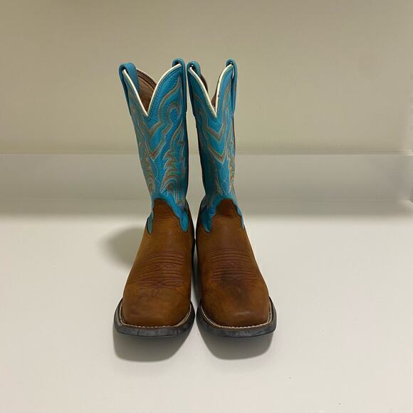 Tony Lama Brown and Blue Ankle Boots with Western Flair - Picture 2 of 10